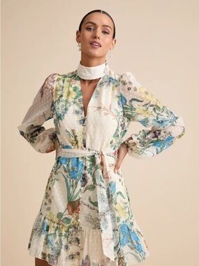 NWT Lulu's Ayame Ivory Floral Swiss Dot Balloon Sleeve Mini Dress